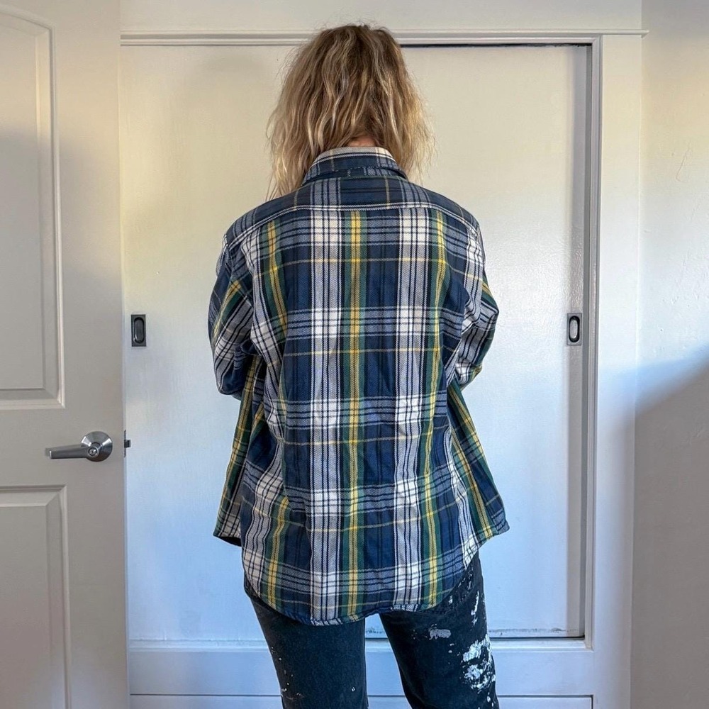 Vintage 1980s 1990s 5 brothers navy green and yellow button down flannel shirt - Picture 4 of 5